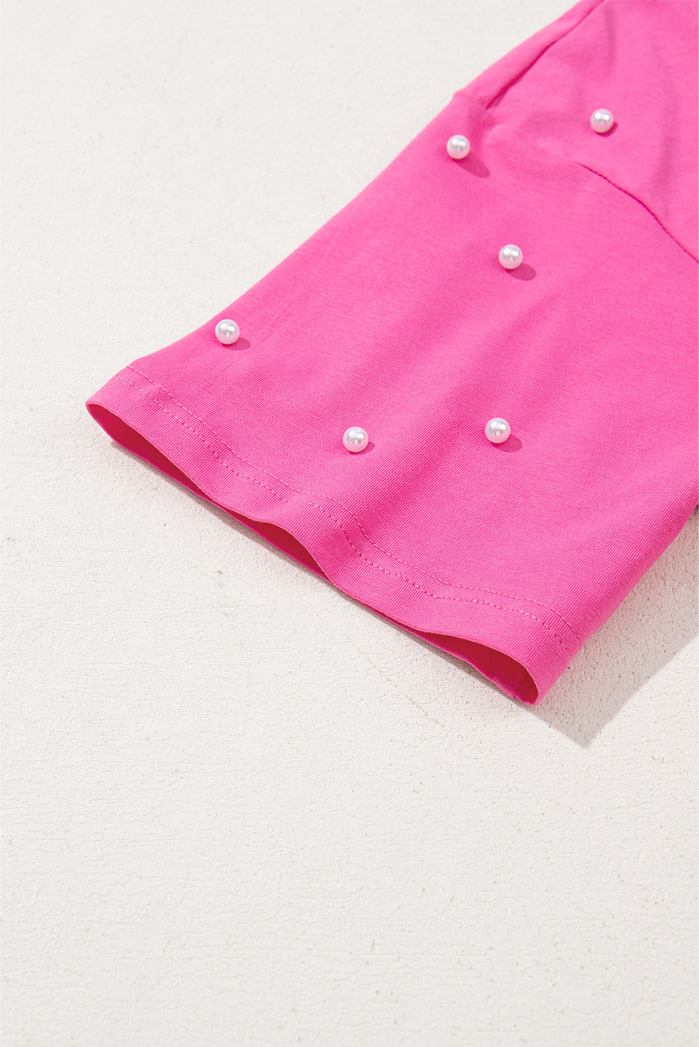 Bright Pink Pearl Beaded Drop Shoulder Crewneck T Shirt - eAura