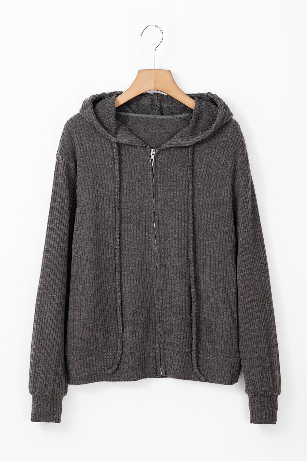 Dark Grey Ribbed Zip Up Front Drawstring Hoodie Beagle Boutique Fashion Outlet