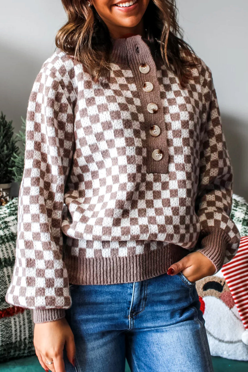 Dark Brown Half Button Ribbed Trim Checkerboard Knit Sweater eAura