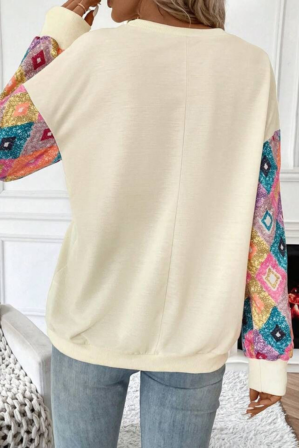 Apricot Geometric Printed Patchwork Long Sleeve Round Neck Top eAura
