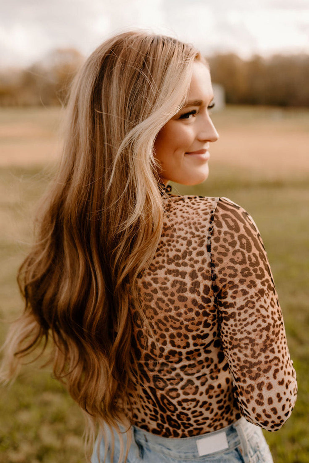 Brown Leopard Smocked Neck Mesh Long Sleeve Bodysuit eAura