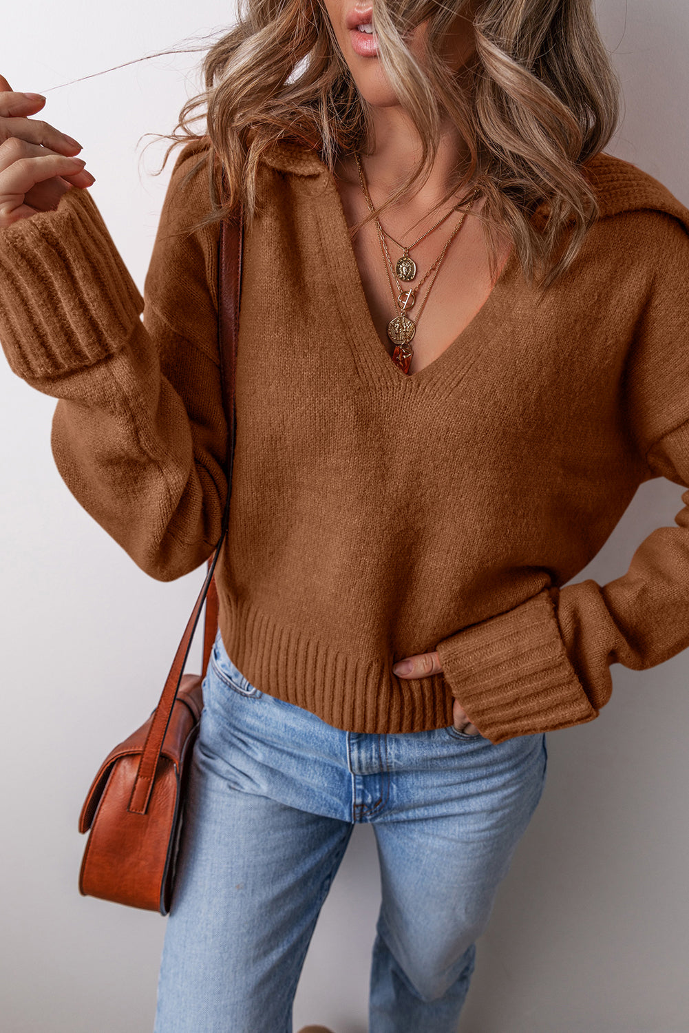 Collared V-Neck Ribbed Edge Sweater Dear-Lover Dropshipping