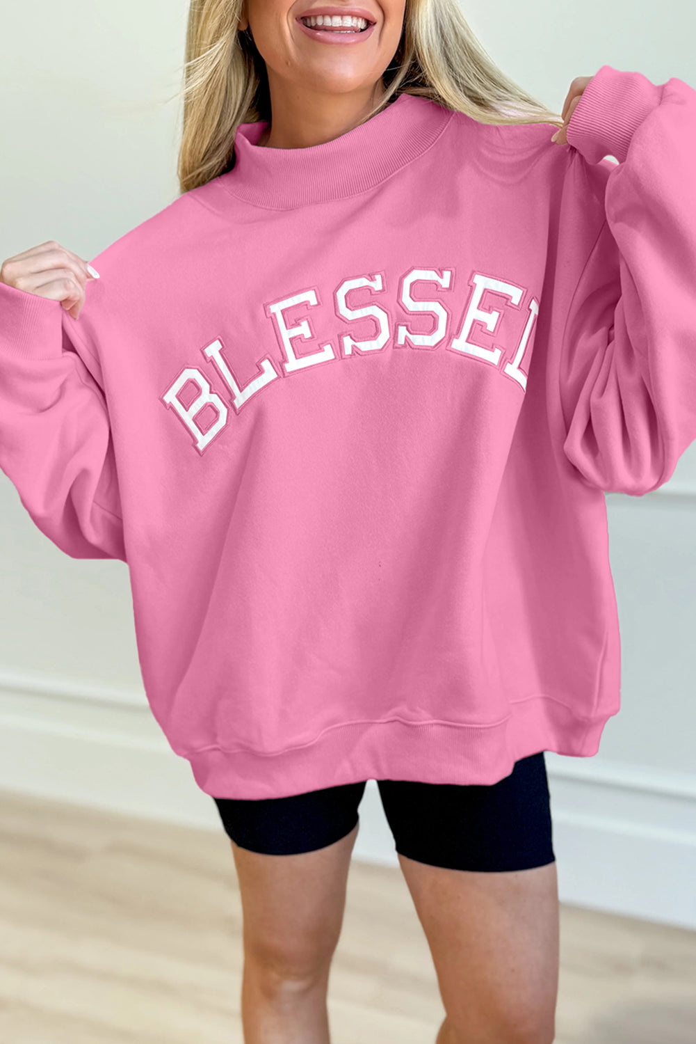 Oversized 'Blessed' Embroidered Mock Neck Sweatshirt - eAura
