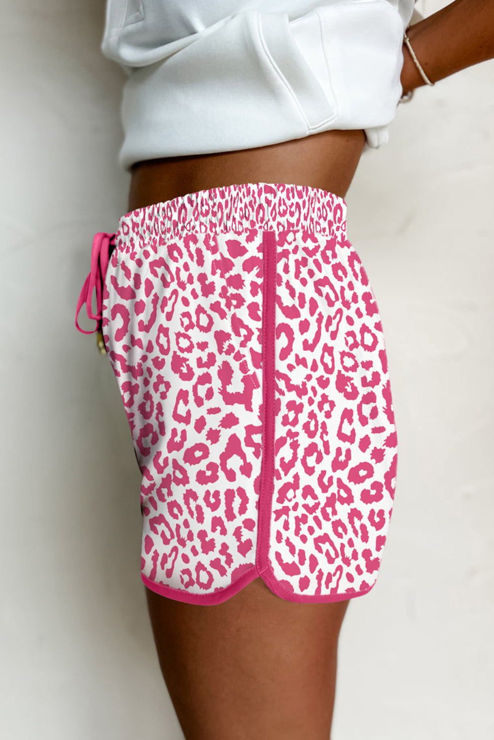 Pink Leopard Elastic Waist Lace up Contrast Trim Casual Shorts eAura
