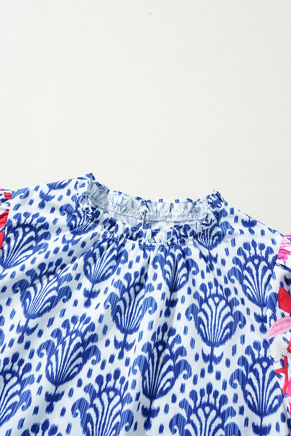 Blue Western Fashion Print Floral Puff Sleeve Frilled Neck Blouse eAura