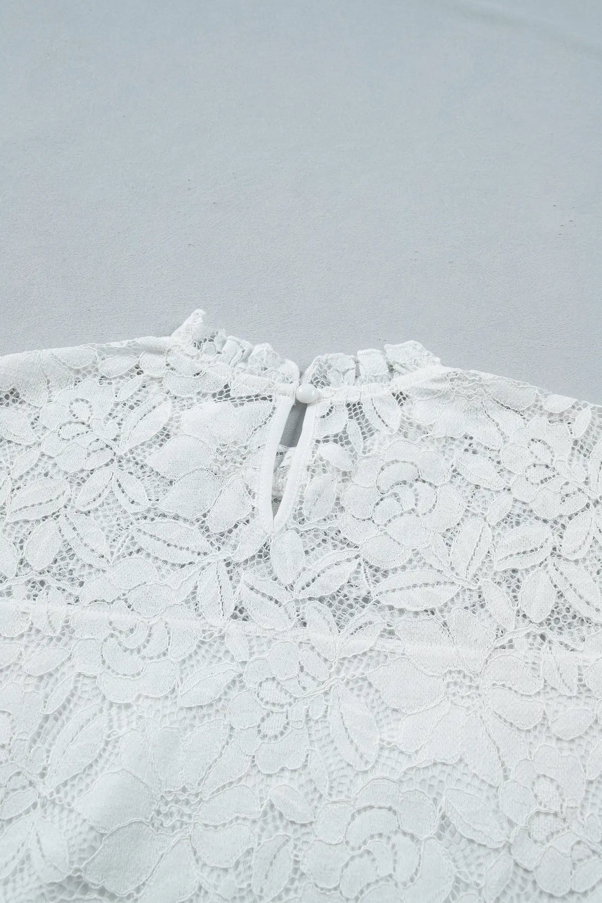 Ruffled Round Neck Long Flounce Sleeve Sheer Lace Blouse – White