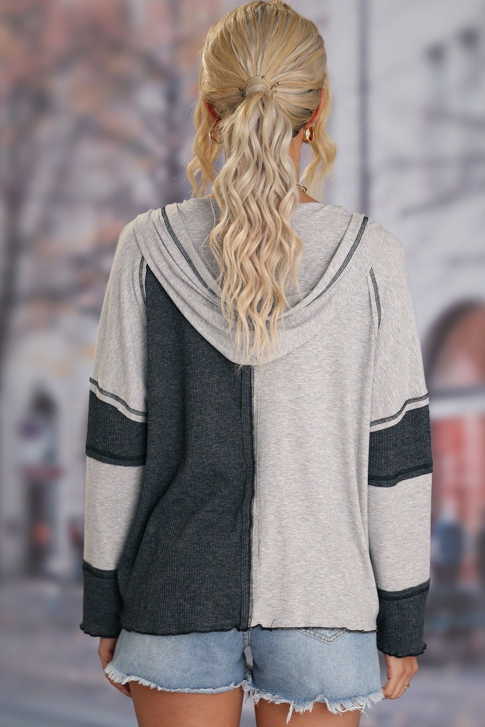 Grey Colourblock Seamed Ribbed Henley Hoodie eAura
