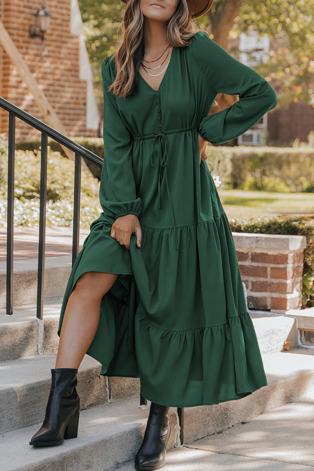 Long Sleeve Button V-Neck Tiered Maxi Dress - eAura