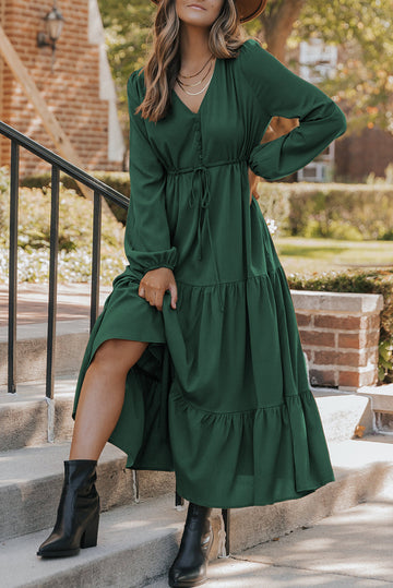 Long Sleeve Button V-Neck Tiered Maxi Dress - eAura