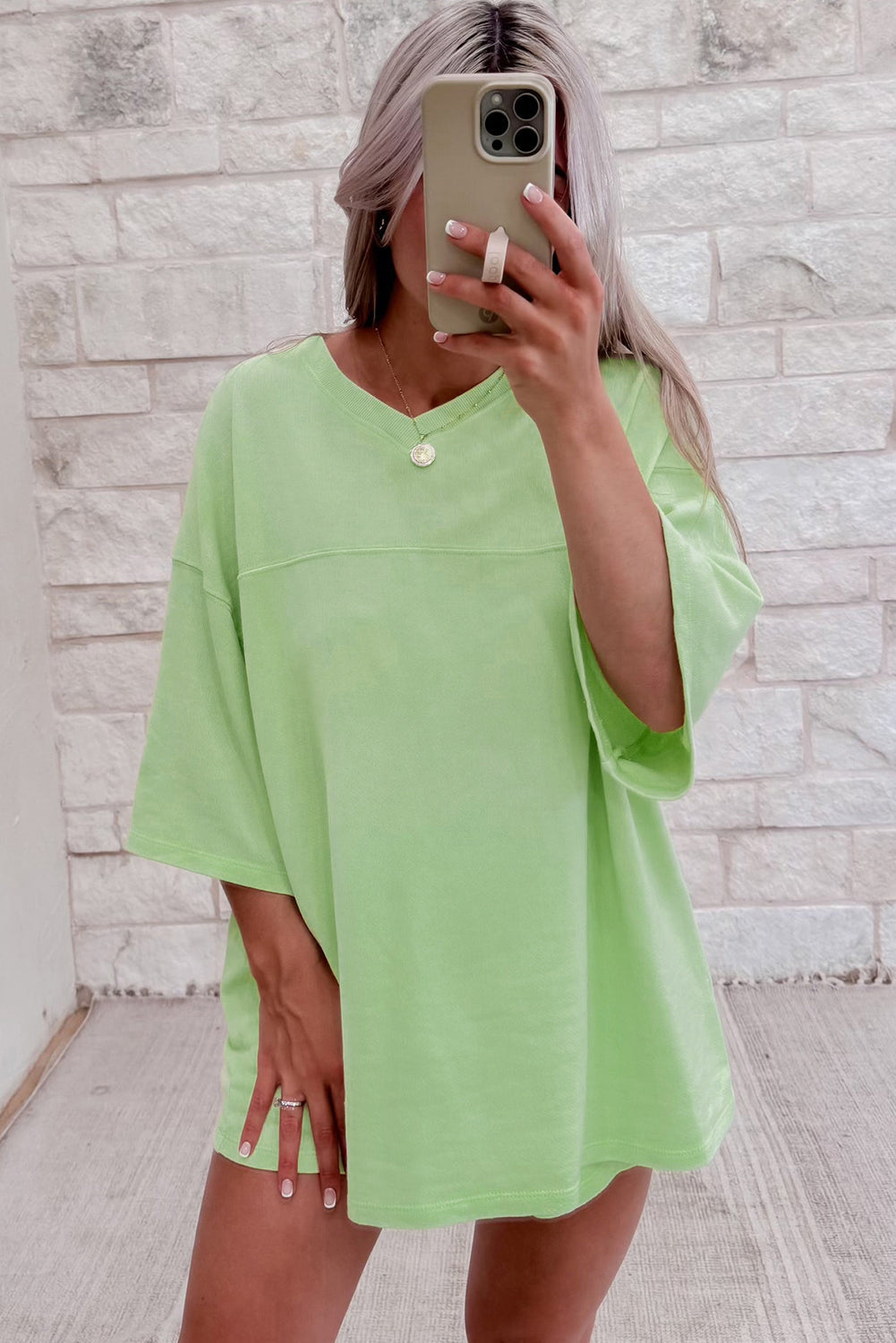 Meadow Mist Green Solid Loose V Neck Half Sleeve Tee and Shorts eAura