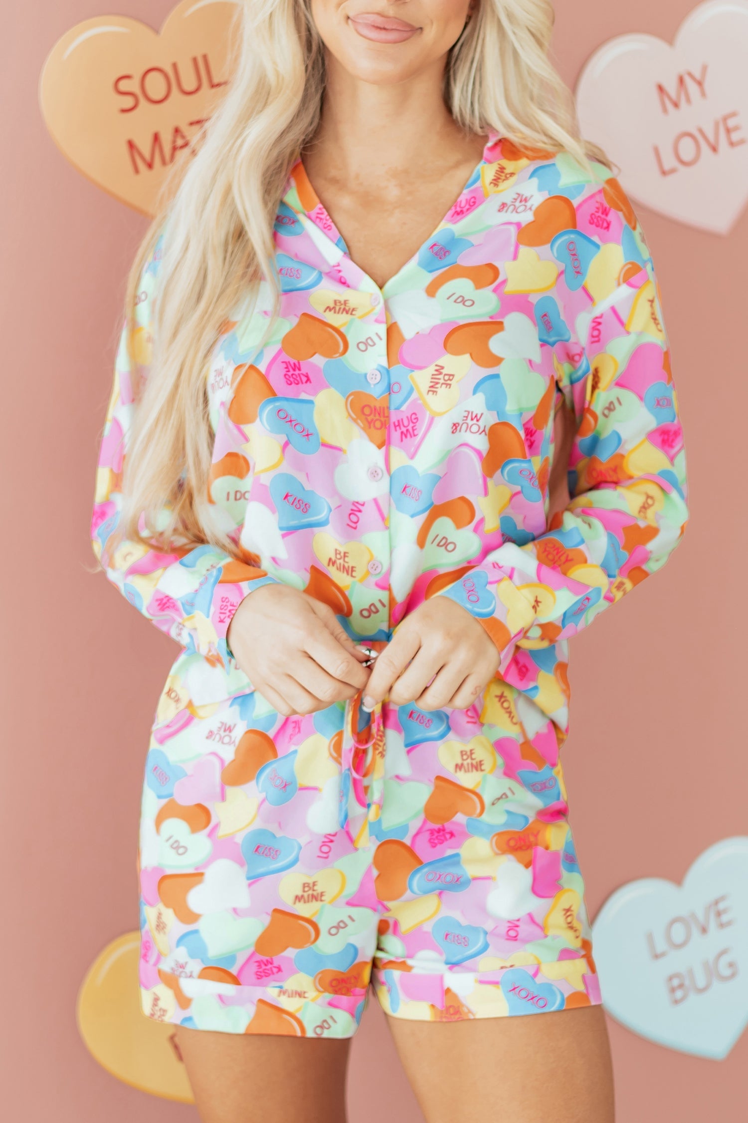 Candy Heart V-Neck Collared Tunic Shirt and Shorts Pyjama Set - eAura