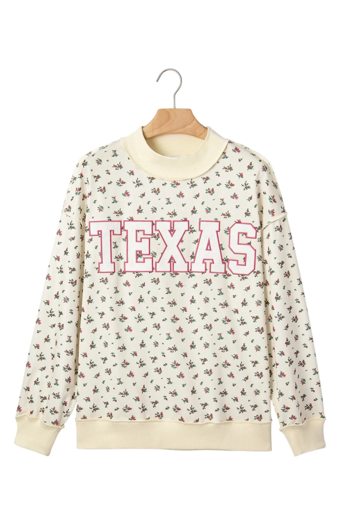 Floral Print Stand Neck Long Sleeve Slogan Sweatshirt – Beige