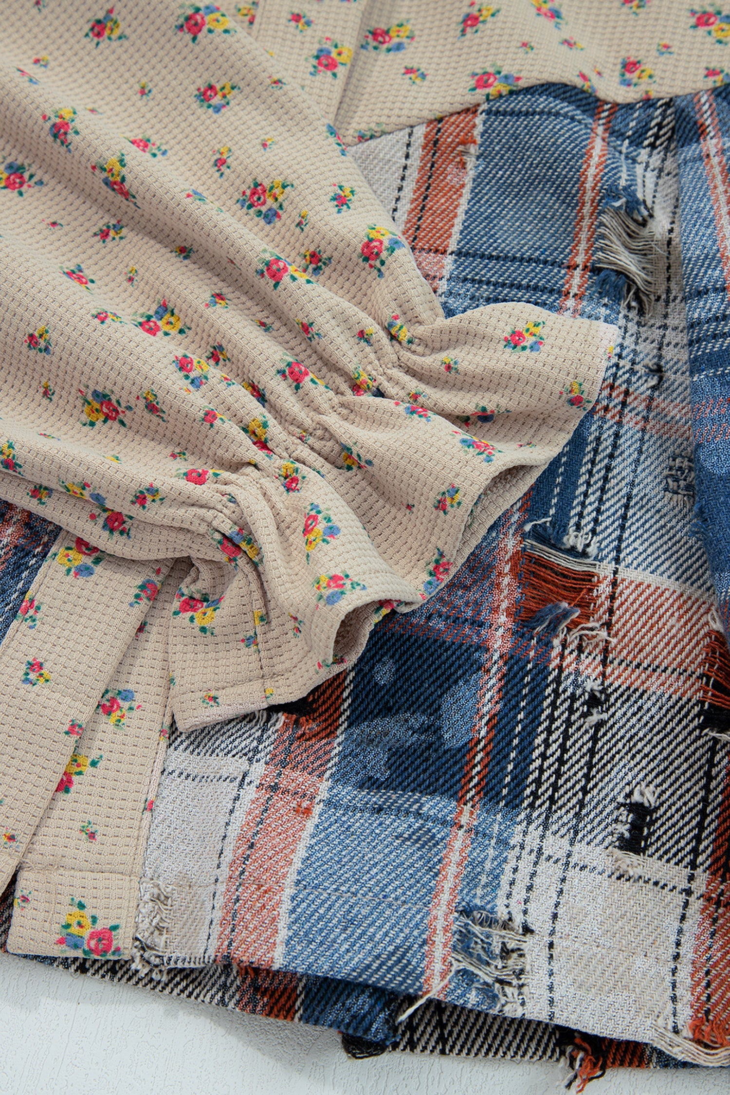 Boho Floral Plaid Patchwork Distressed Detail Ruffled Sleeve Waffle Shacket - Outerwear/Jackets