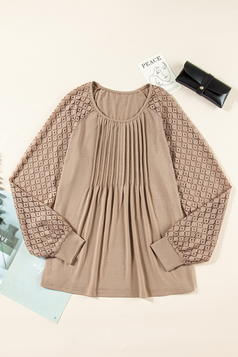 Lace Patchwork Long Raglan Sleeve Pleated Top - eAura