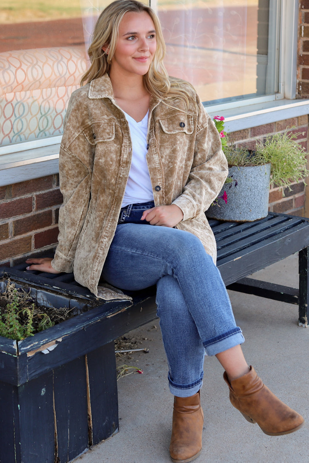 Khaki Vintage Distressed Mineral Wash Oversized Shacket eAura