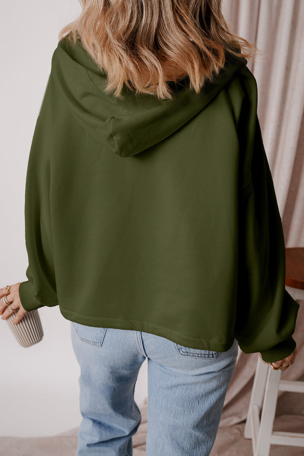 Moss Green Fleece Lined Half Zipper Kangaroo Pockets Loose Hoodie eAura