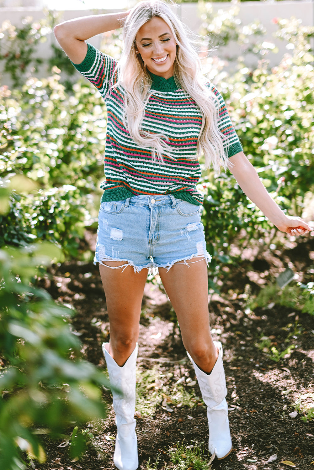 Dark Green Striped Pattern Contrast Trim Pointelle Knit T Shirt eAura