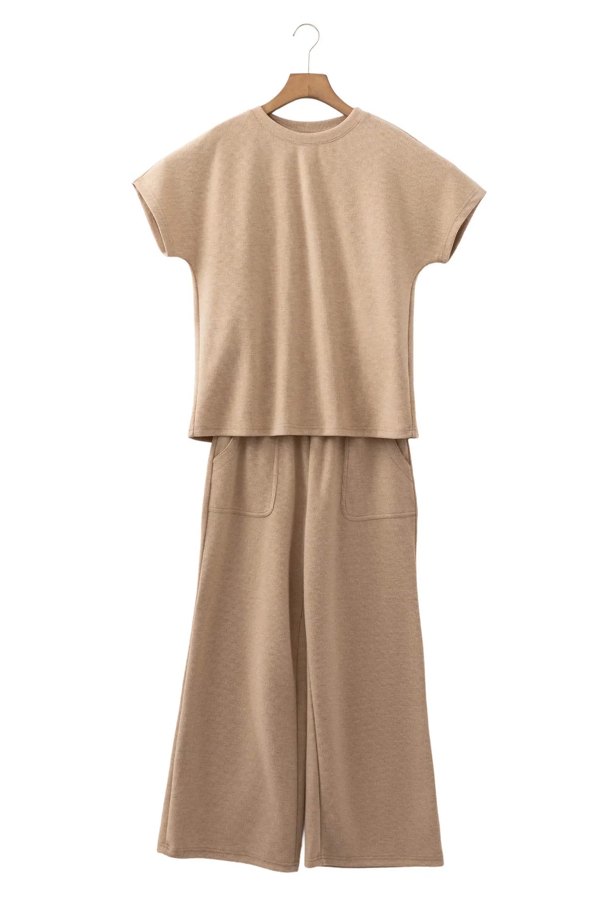 Solid Colour Short Sleeve Ribbed Top Casual Pants 2pcs Set – Light French Beige