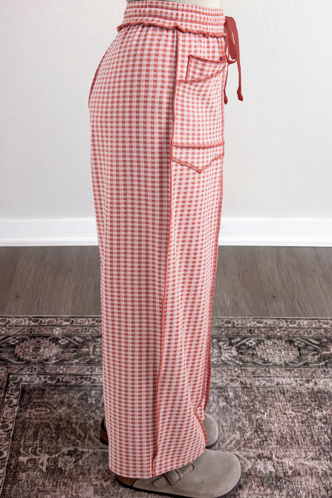 Plaid Contrast Trim Drawstring Elastic Waist Shift Pants – Green