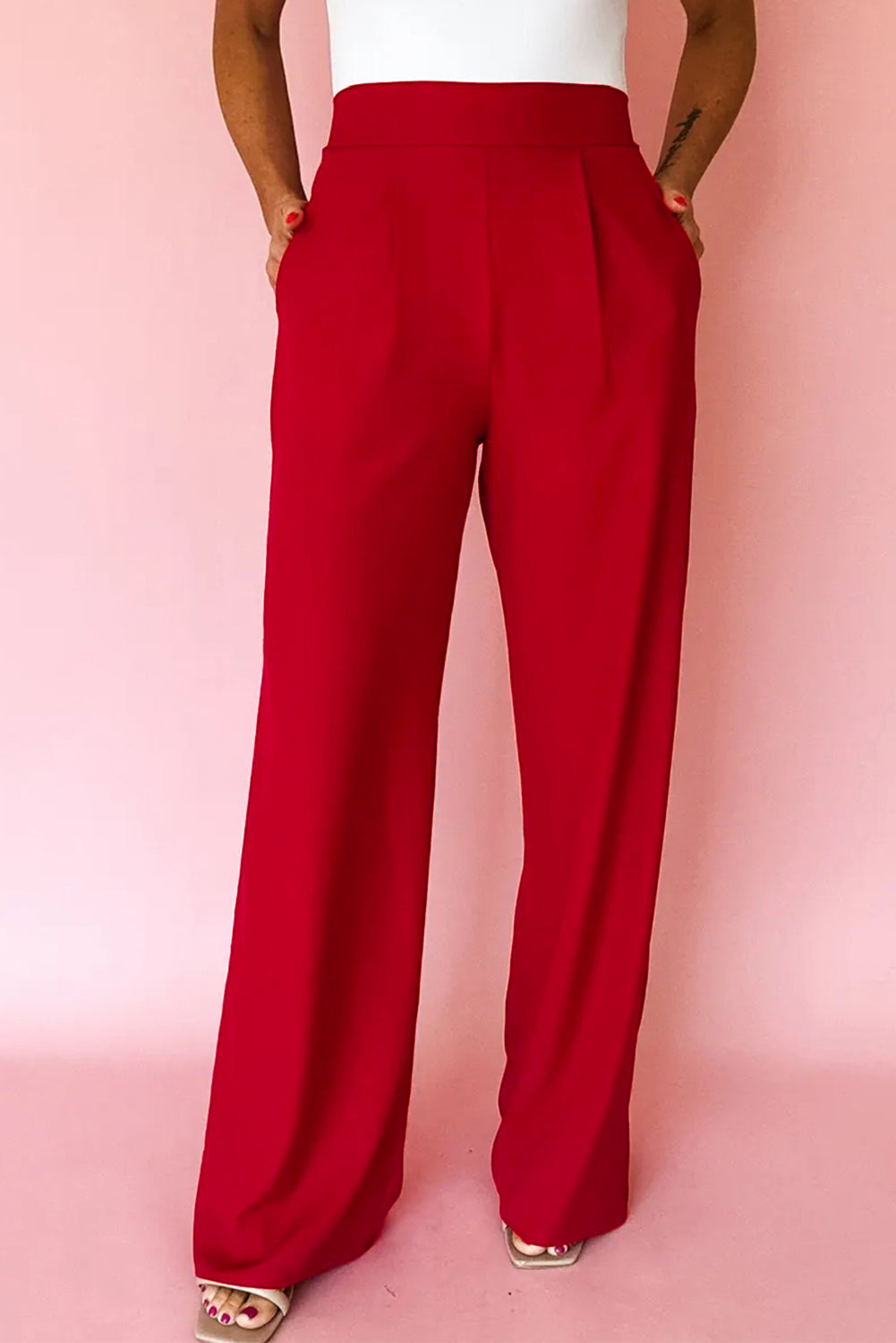 Pleated Detail Elastic High Waist Straight Trousers - eAura