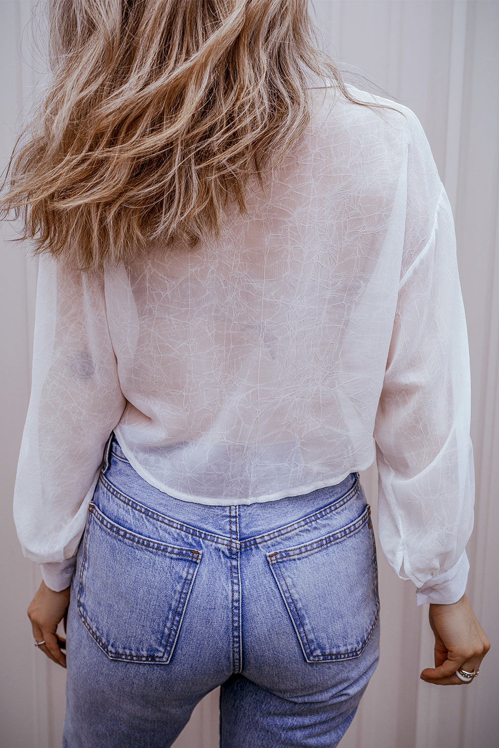 White Solid Knotted Front Loose Fit Sheer Shirt eAura