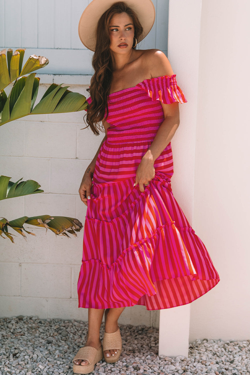 Rose Stripe Flutter Sleeve Smocked Bodice Tiered Maxi Dress eAura