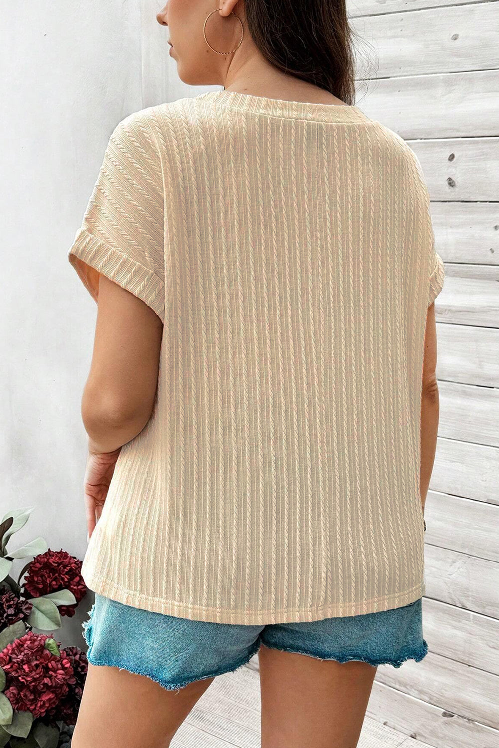 Beige Lace Crochet Patched Cable Textured Cuffed Short Sleeve Plus Size Top BB Fashion Outlet