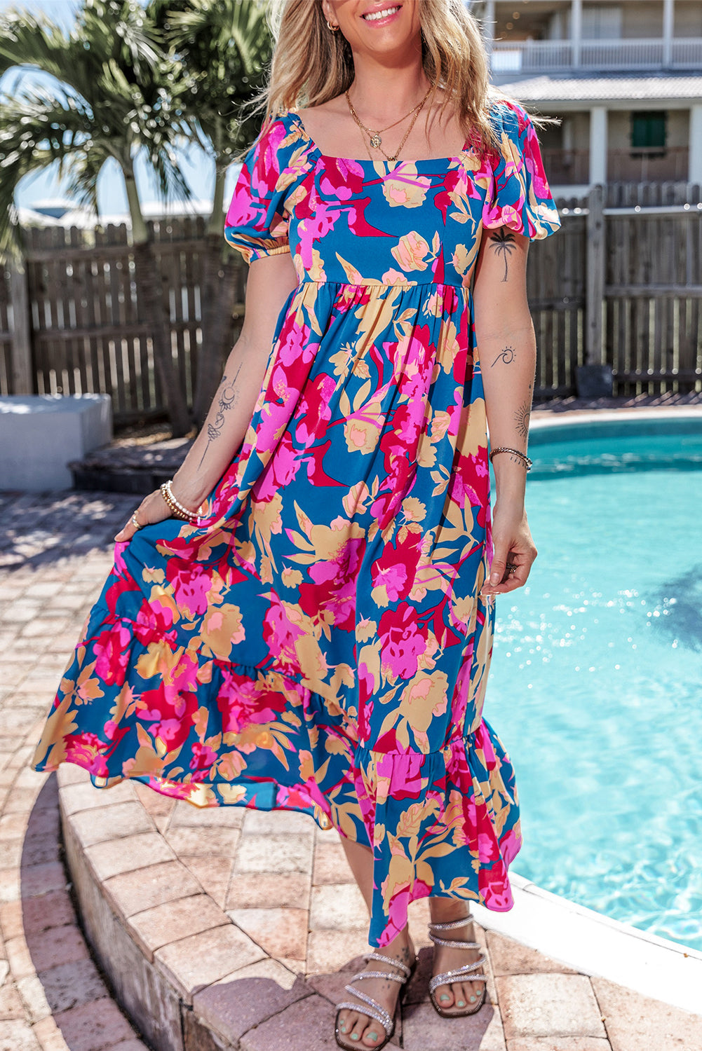 Dark Blue Square Neck Bubble Sleeve Ruffled Floral Dress eAura