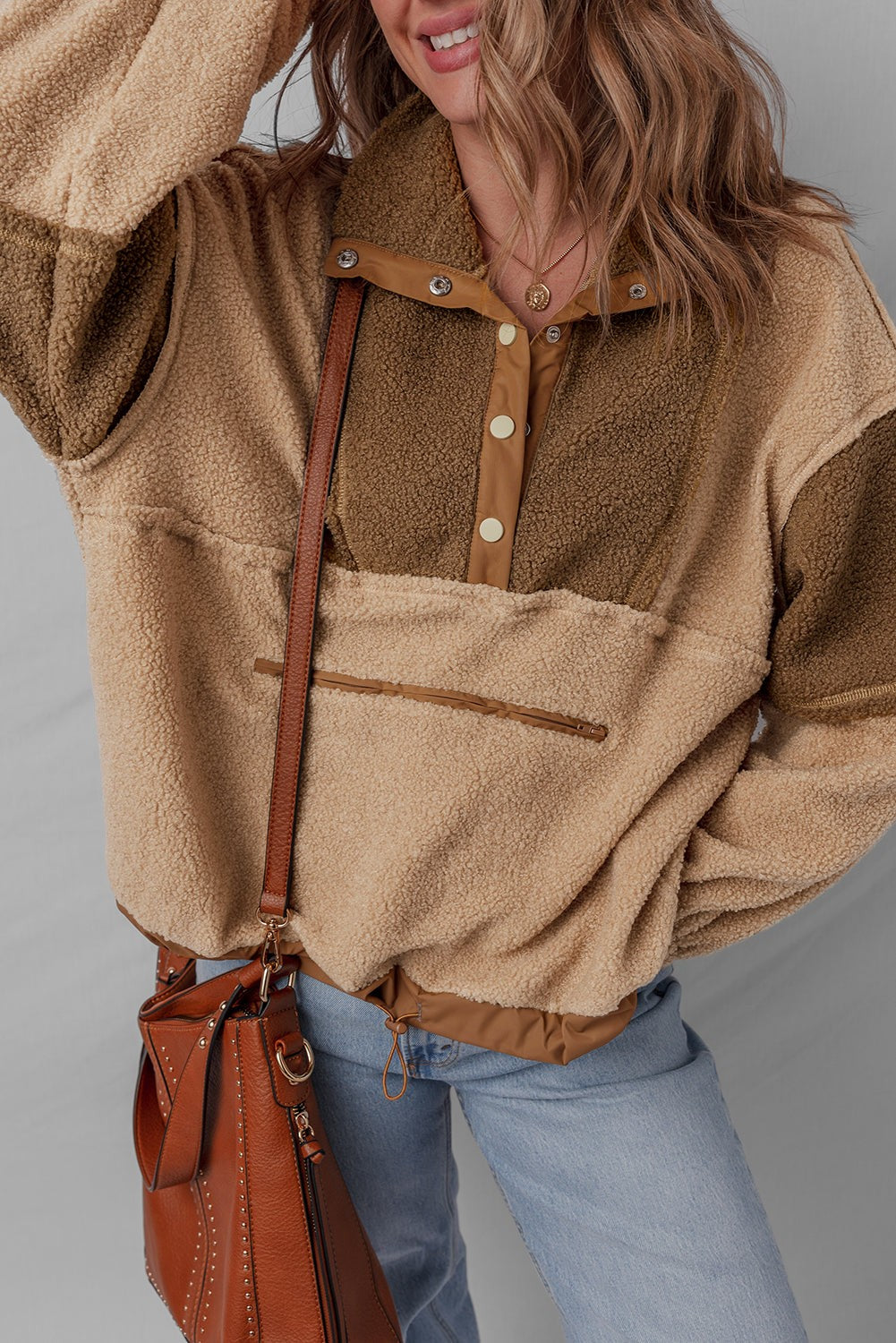Colour Block Half Button Sherpa Sweatshirt - Tops/Sweatshirts & Hoodies