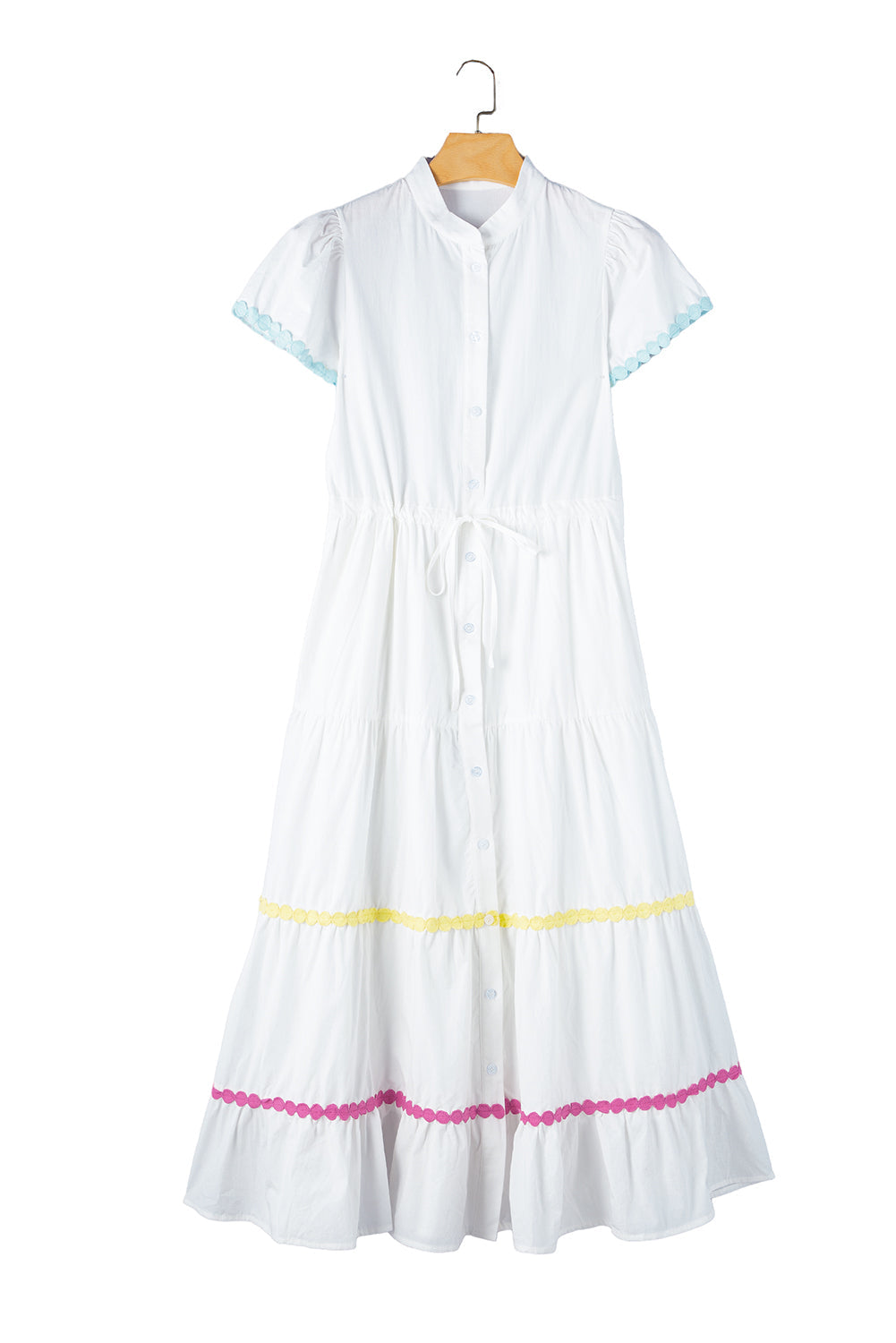 White Colorblock Rickrack Trim Short Sleeve Drawstring Waist Long Dress BB Fashion Outlet