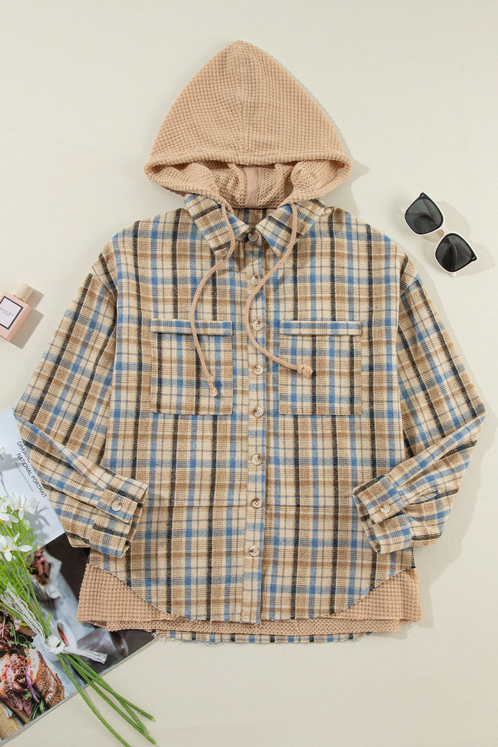 Ashleigh Blue Waffle Knit Patchwork Hooded Plaid Shacket eAura