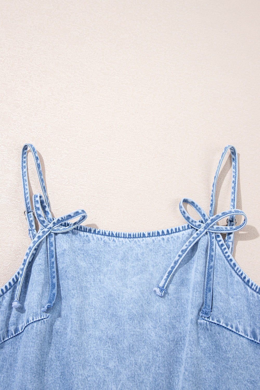 Beau Blue Bow Detail Spaghetti Straps Ruffle Hem Denim Short Dress eAura