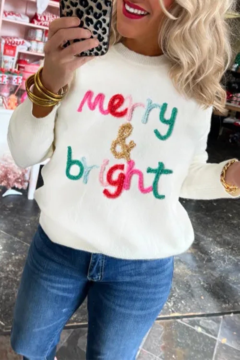 White XOXO Glitter Print Round Neck Casual Sweater eAura