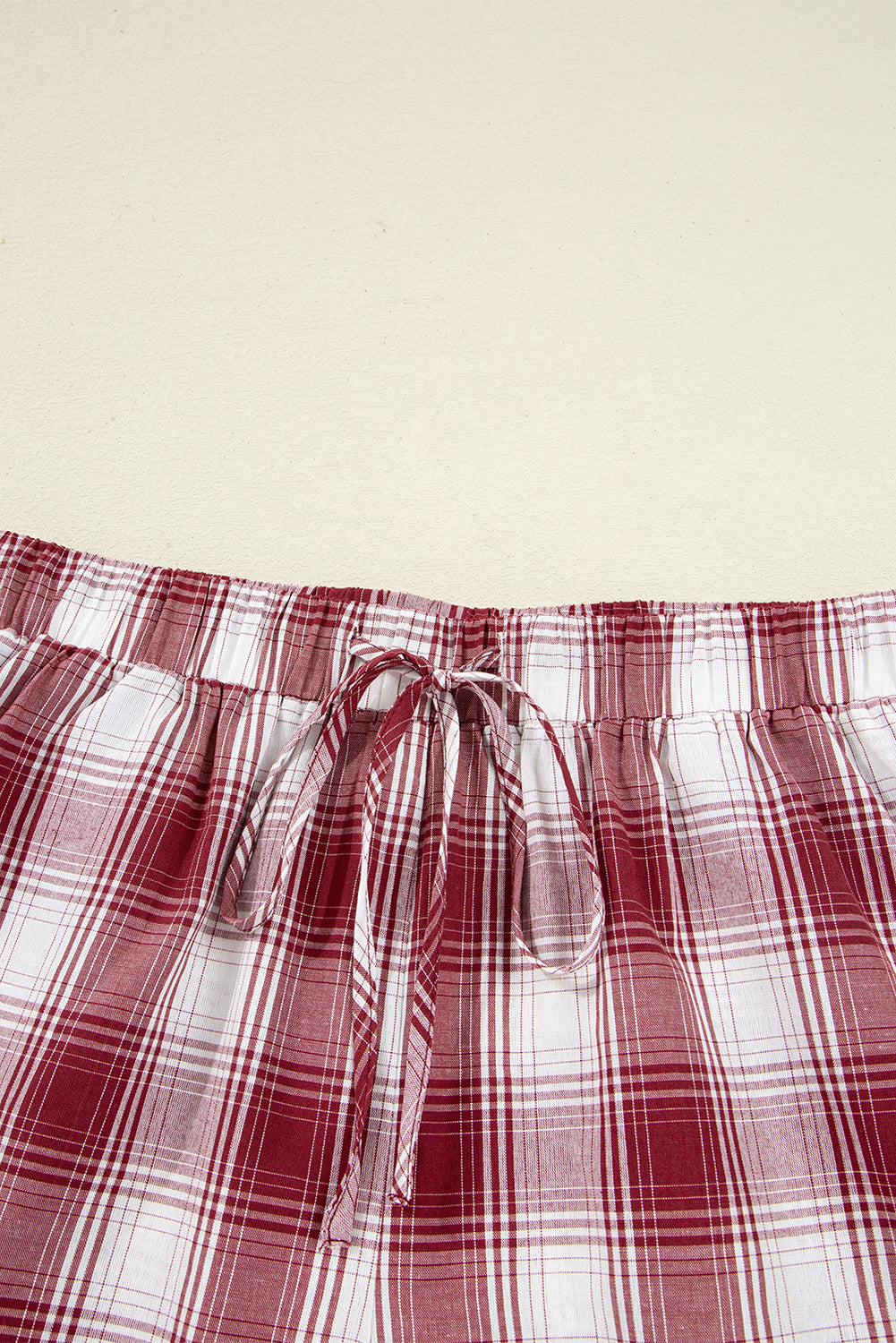 Red Retro Plaid Long Sleeve Shirt Drawstring Shorts Pyjama Set - eAura
