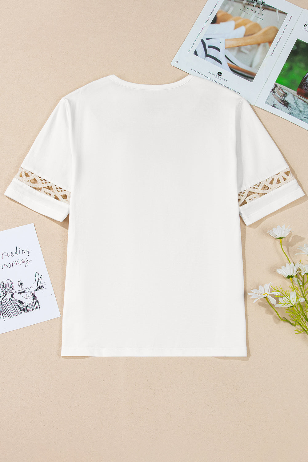 White Lace Crochet Crew Neck Casual T Shirt - eAura