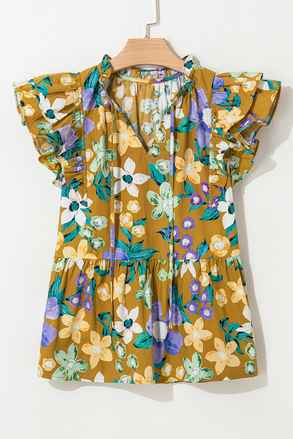 Floral Print Tiered Flutter Sleeve V Neck Top eAura