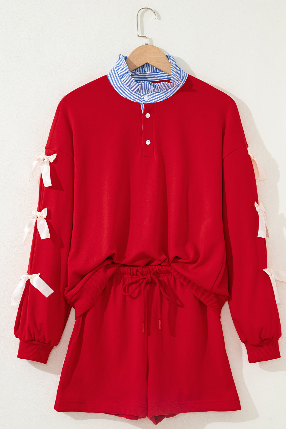 Striped Collar Bow Sweatshirt and Shorts Co-ord Set - eAura