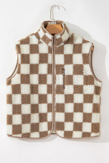 Khaki Checkered Sherpa Collared Jacket Vest - Outerwear/Vests