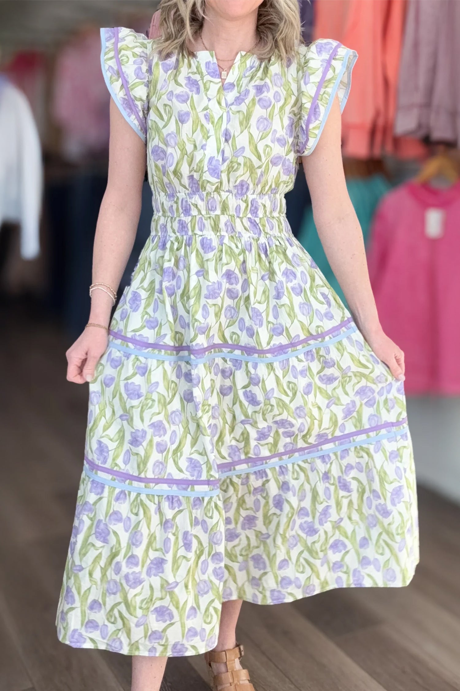 Tulip Floral Print Contrast Trim Midi Dress – Purple