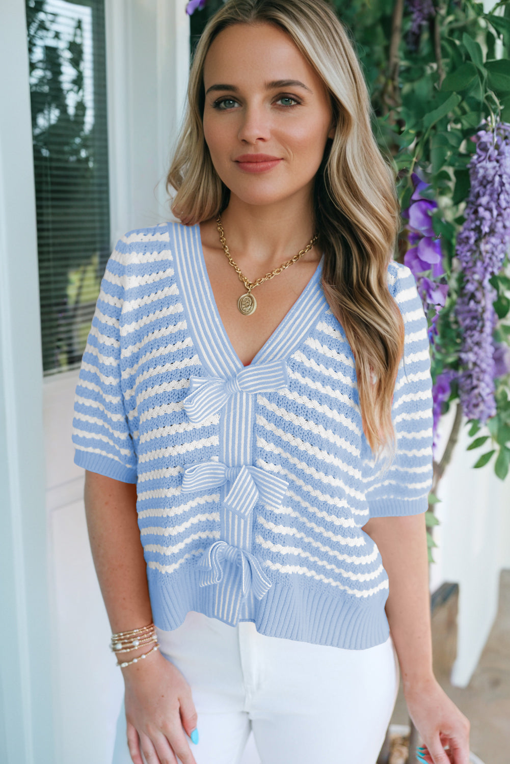Stripe Short Sleeve V-Neck Bow Knot Knit Sweater