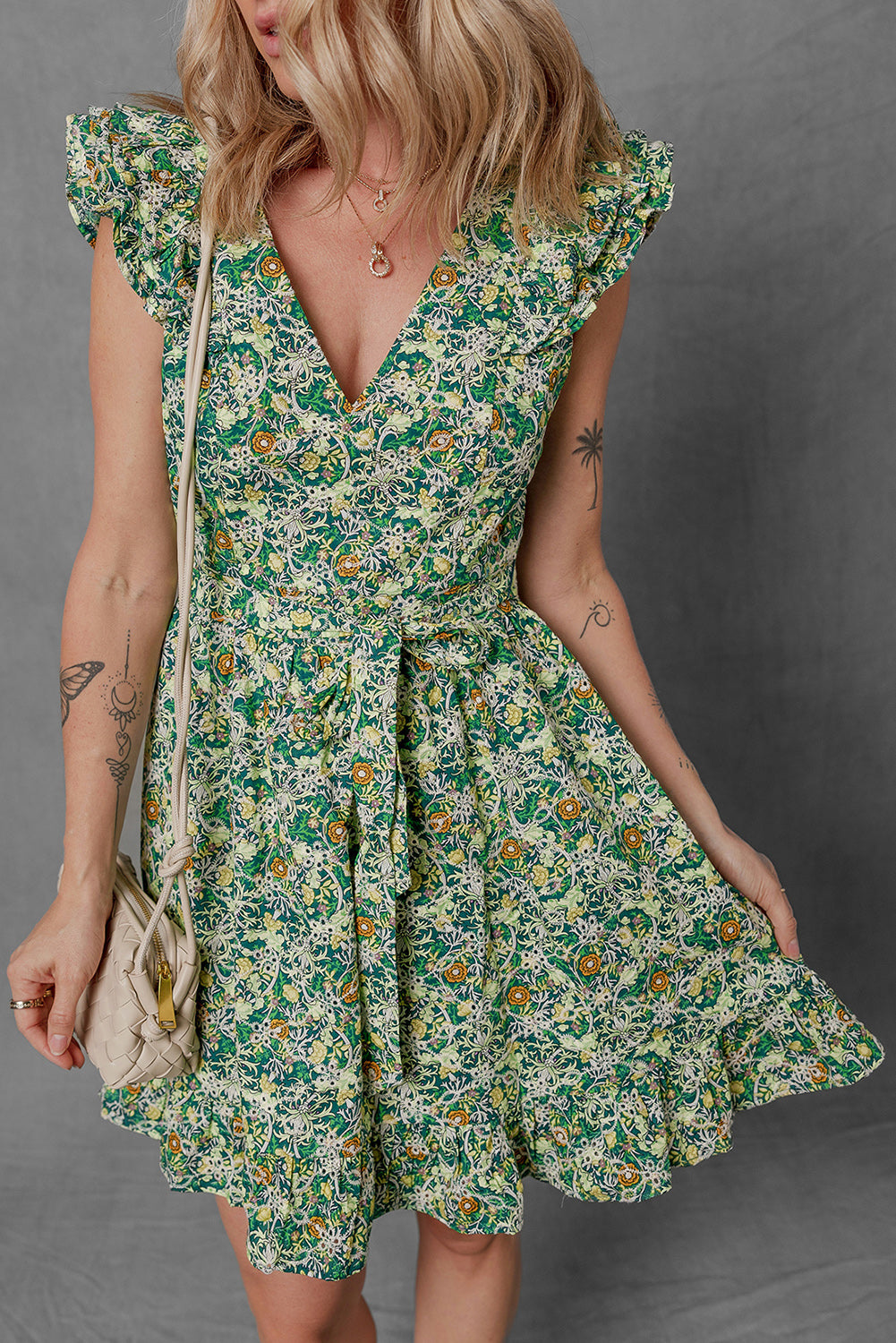 Green Flower Print Flutter Sleeve V Neck Sashed Ruffled Mini Dress eAura