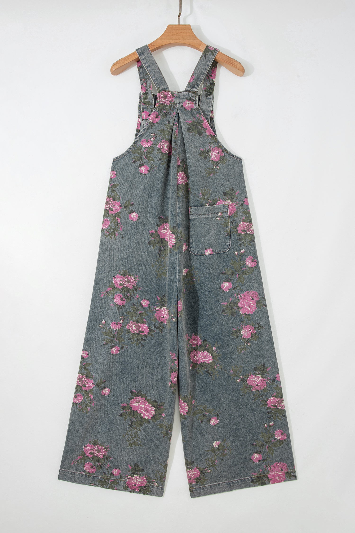Floral Print Pleated Wide Leg Denim Jumpsuit – High Waist