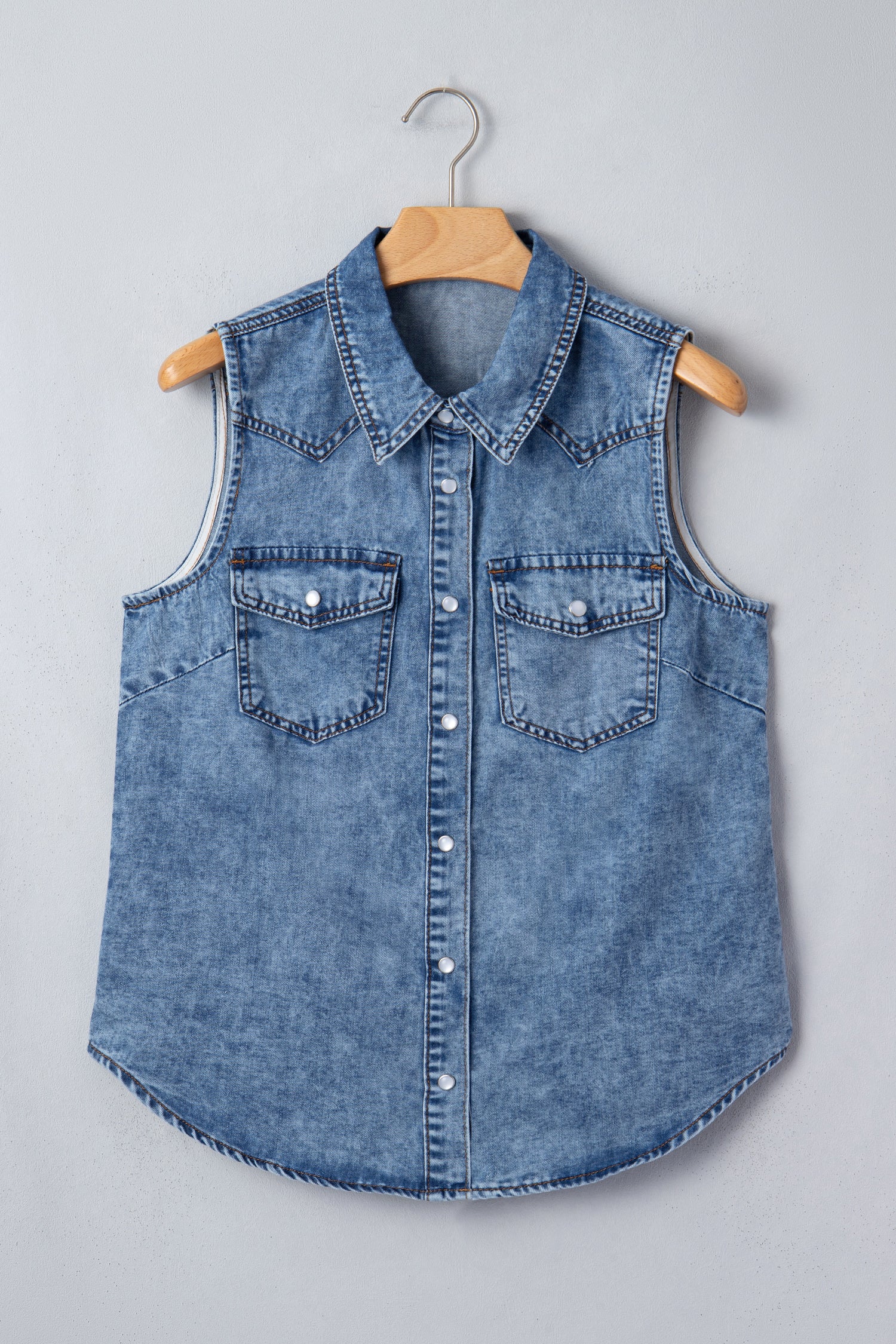 Buttoned Front Collared Denim Sleeveless Top