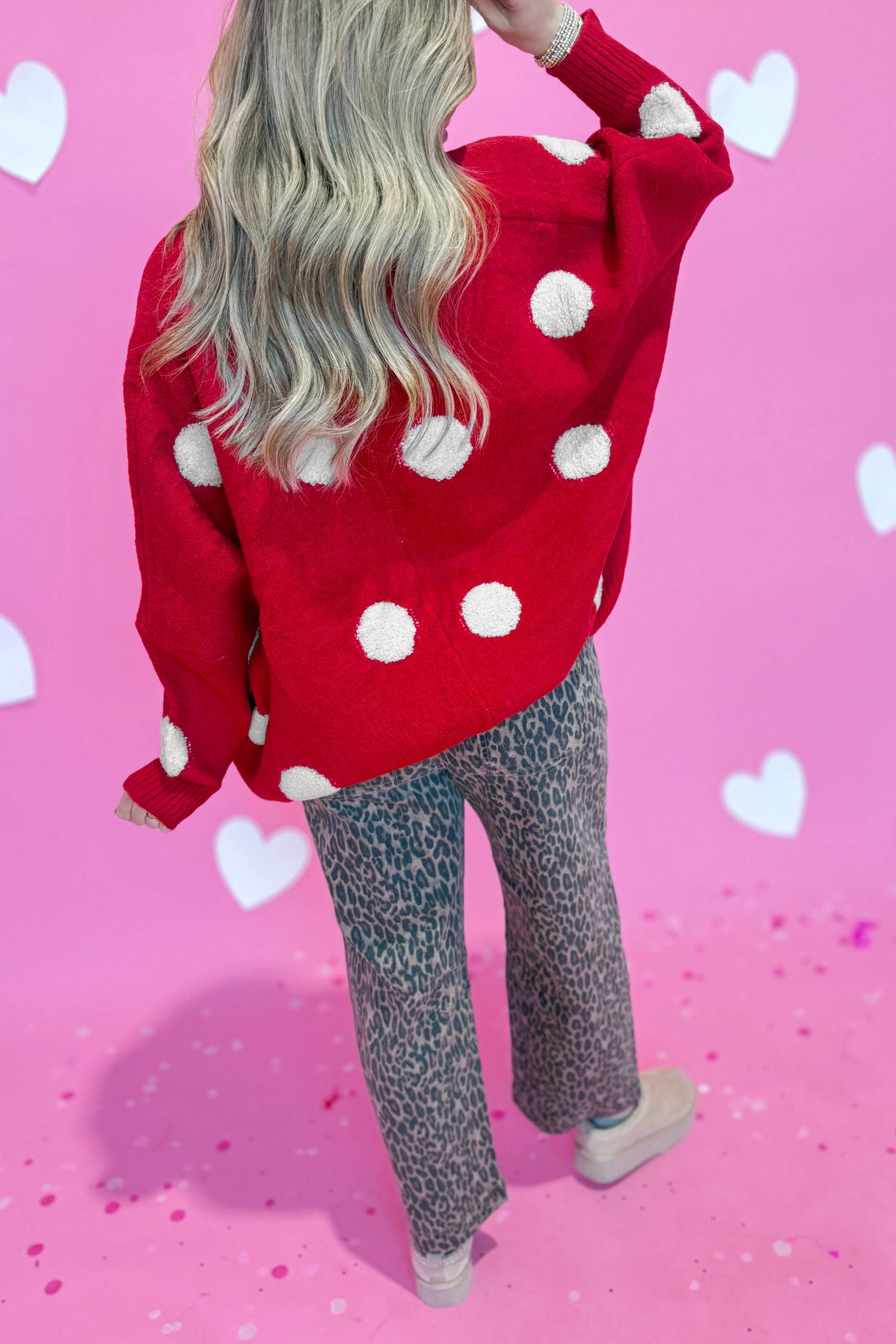 Polka Dot Button Front Oversized V Neck Cardigan – Beige