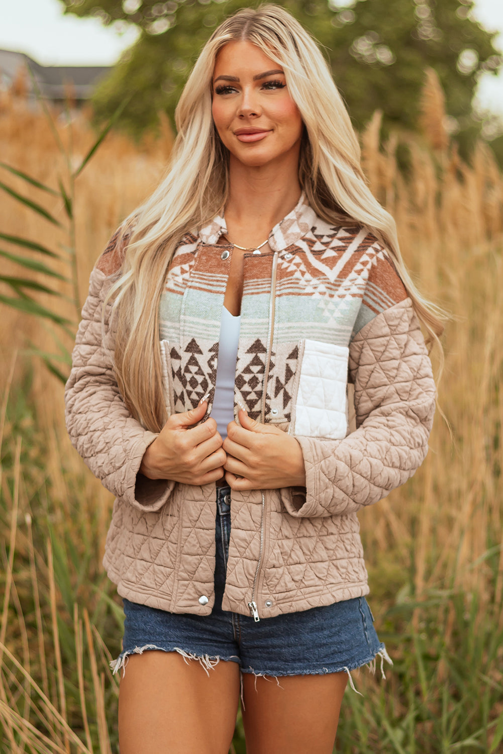 Beige Aztec Quilted Patchwork Western Jacket Dear-Lover Dropshipping