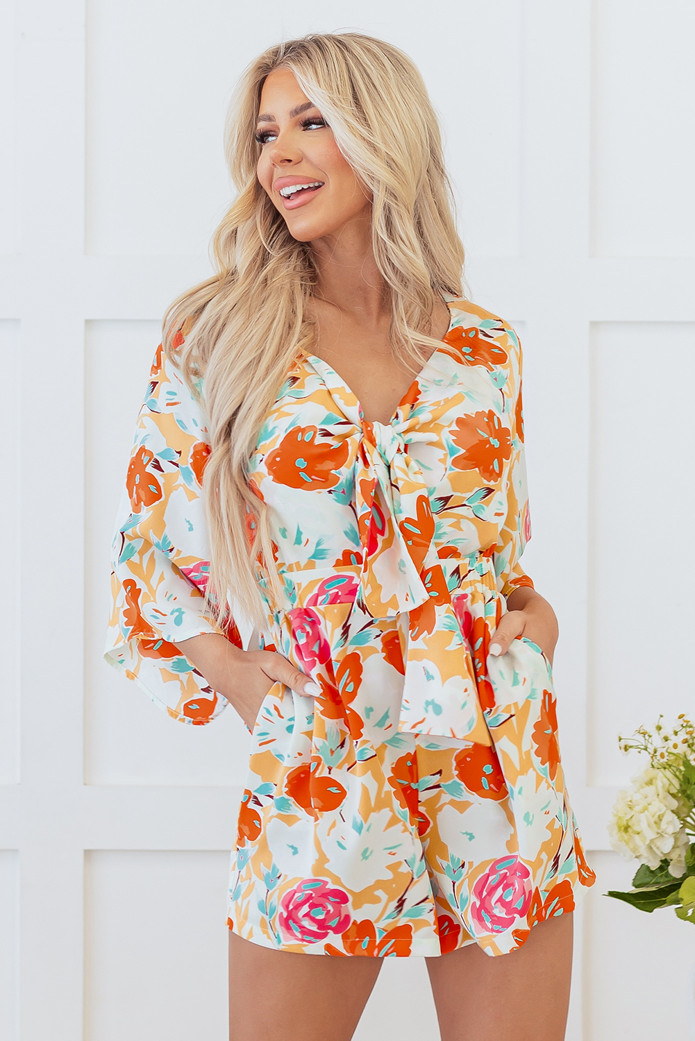 Orange Blooming Floral Print Front Tie Romper Beagle Boutique Fashion Outlet