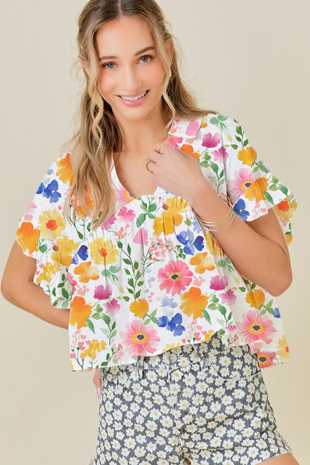 Yellow Floral Boxy Fit Ruffled Short Sleeve V Neck Blouse eAura
