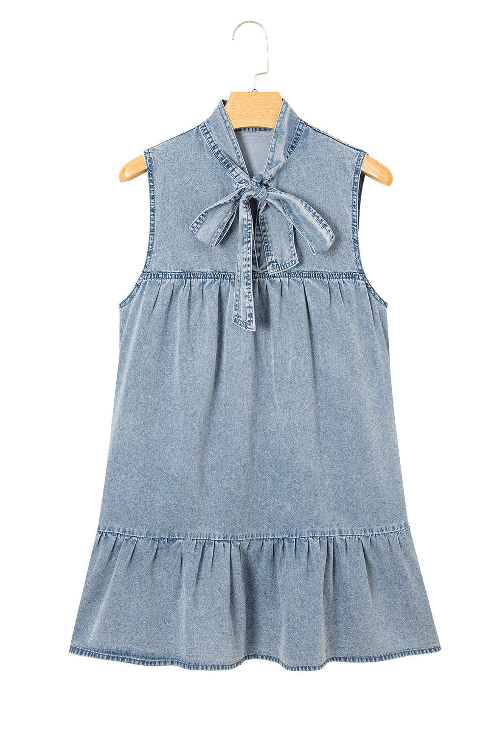 Bowknot Neck Sleeveless Ruffled Chambray Dress eAura