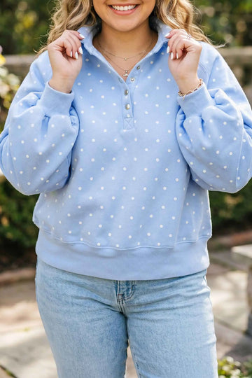 Sky Blue Polka Dot V Neck Metal Button Long Sleeve Shift Plus Size Sweatshirt – Light Blue