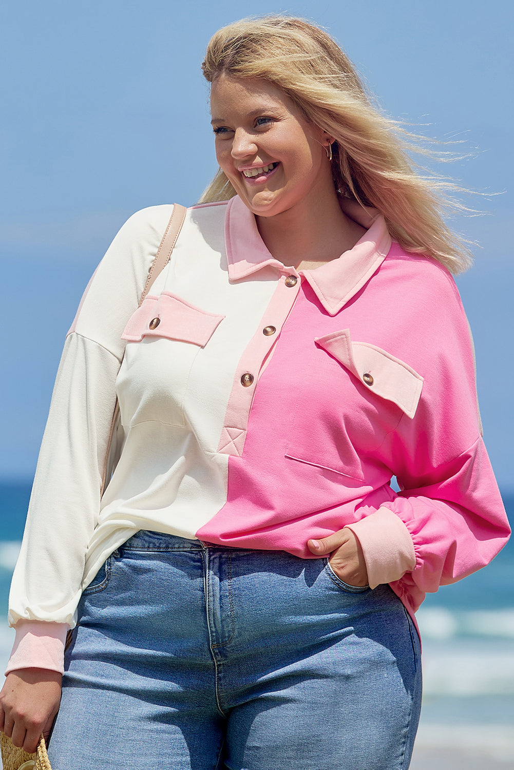 Bonbon Colour Block Chest Pockets Half Button Plus Size Sweatshirt BB Fashion Outlet